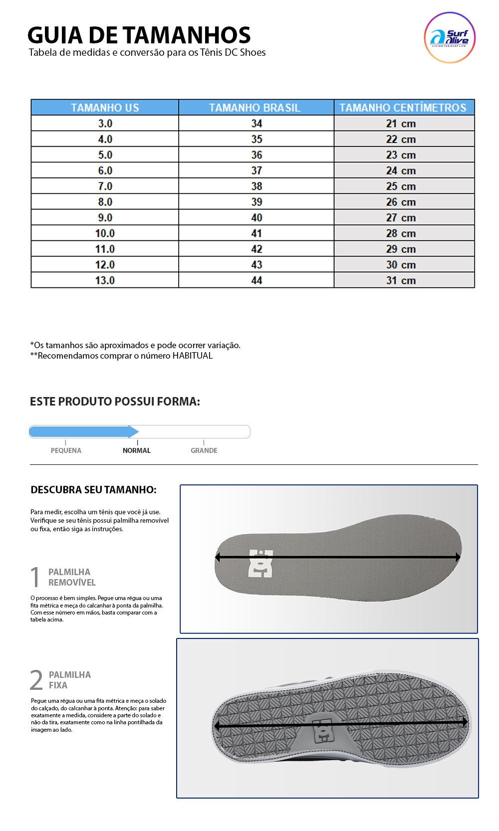 Tabela de medidas e conversão para os Tênis DC Shoes